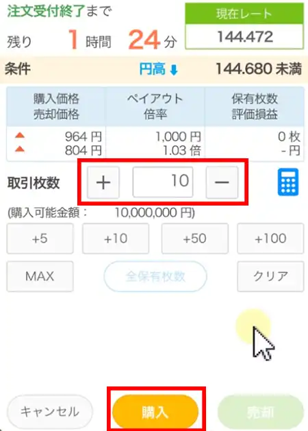 外為オプションの購入枚数確定画面