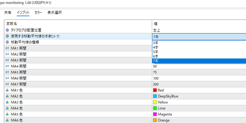po-monitoringの移動平均線の数の設定