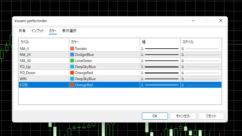 パーフェクトオーダーの極みの色設定