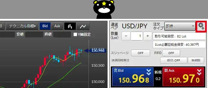 DMMFXのデモ取引（歯車マーク）