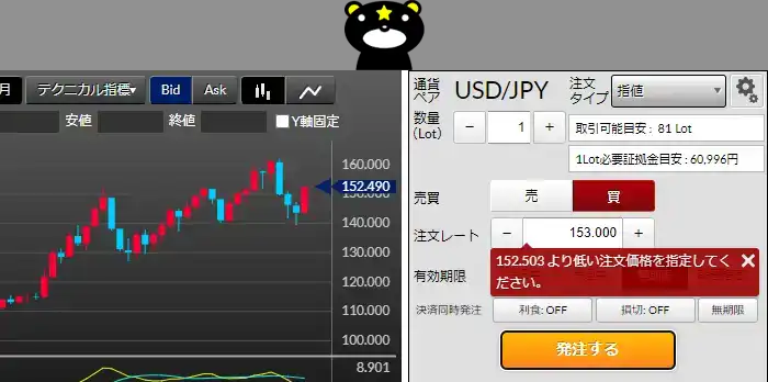 DMMFXのデモ取引（注文エラー）